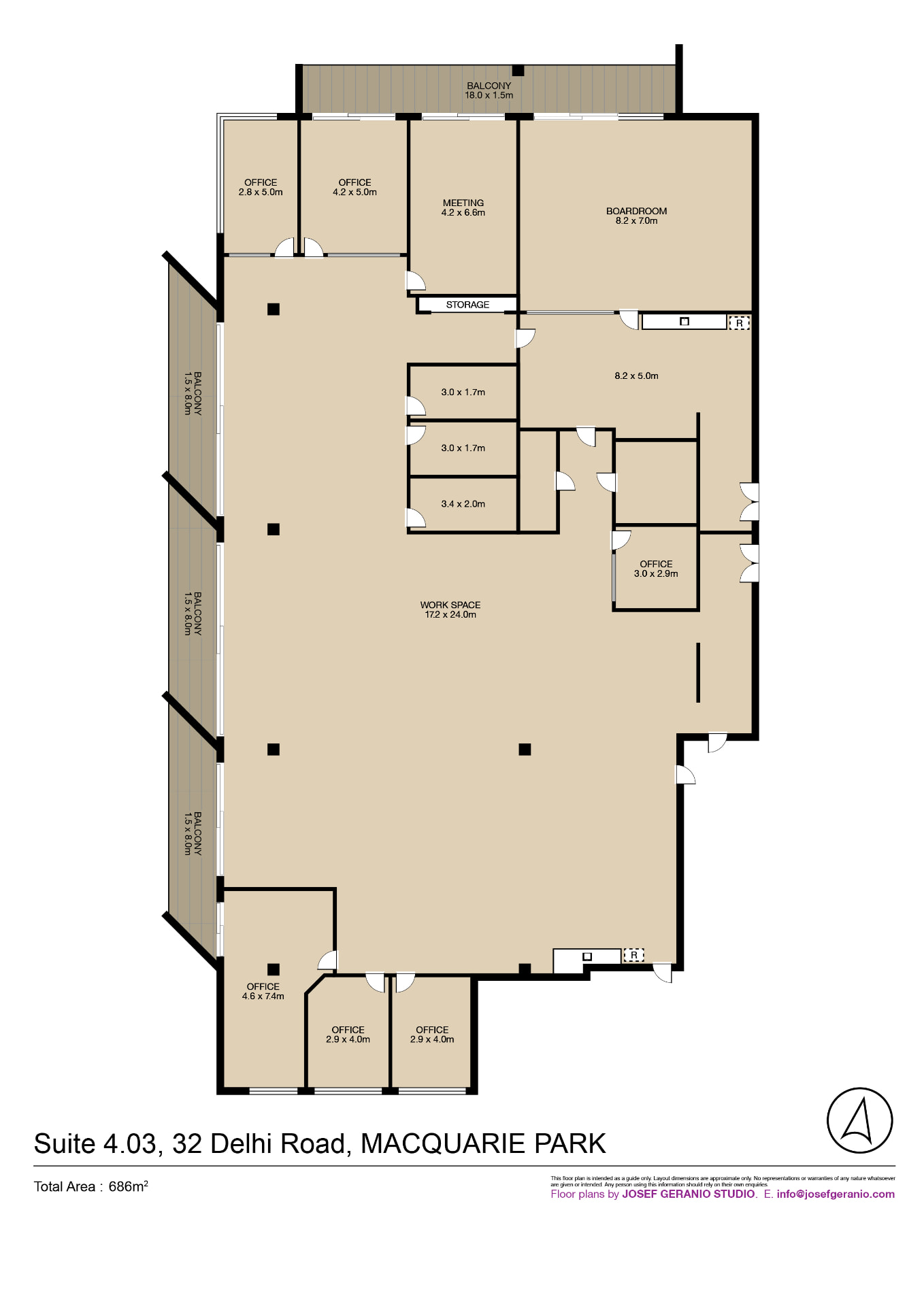 Current tenancy fitout plan as at 2026 — boardroom, meeting rooms, perimeter offices and open work space, together with the balconies. Prepared by Josef Geranio Studio and stated as 686 m² total area; dimensions are indicative only and measurement methods differ from the architect's and surveyor's areas noted elsewhere.
