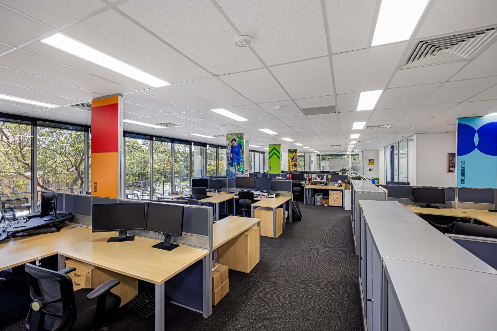 Expansive fitted workspace with natural light and outlook across the adjoining national park.