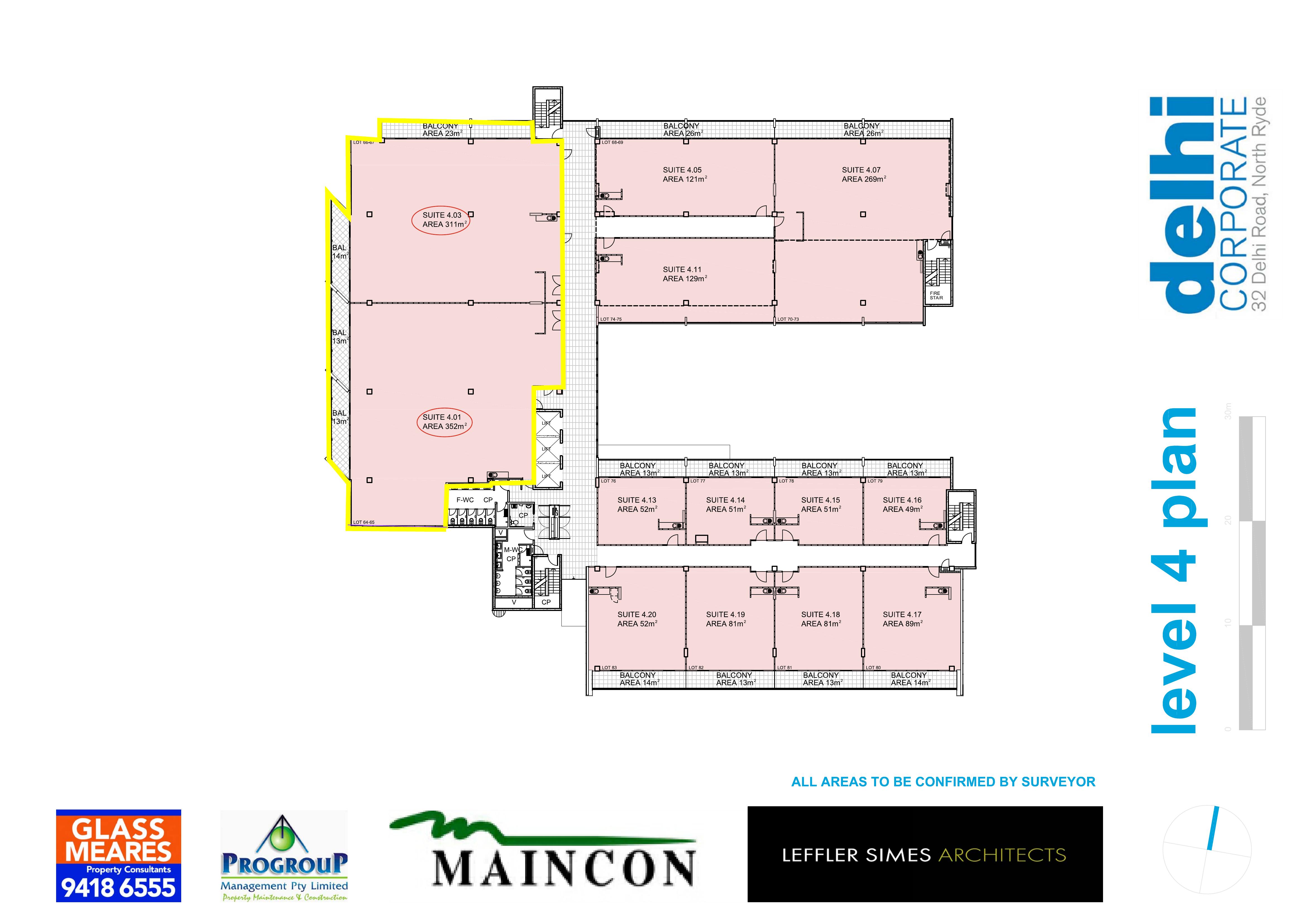 Level 4 floor plan prepared by Leffler Simes Architects. Suite 4.01 (352 m²) plus Suite 4.03 (311 m²) equals 663 m² of office accommodation across the whole west wing.